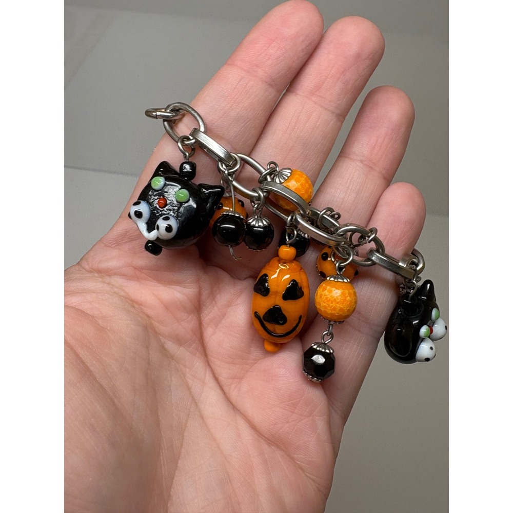 Halloween Charm Bracelet Lampwork Glass Black Cat Jack-O-Lantern Orange Black